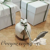 Μπομπονιέρα γάμου λευκό κεραμικό ρόδι με ασημί πατίνα και χειροποίητη καρδιά με εκτύπωση σε κουτί - Όνειρα Χειρός  χειροποίητα δώρα